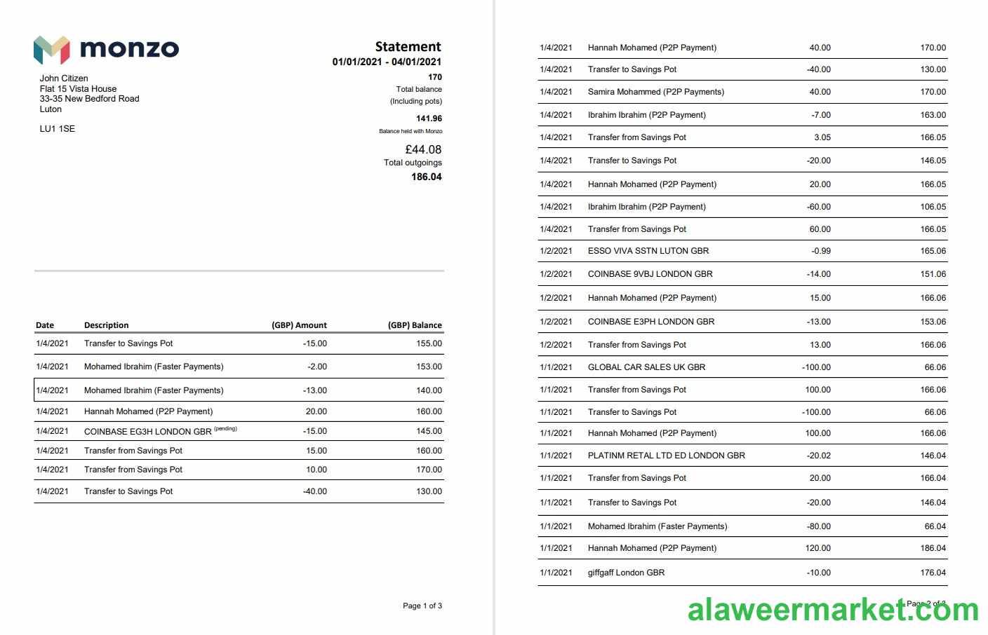 United Kingdom Monzo bank statement template in Excel and PDF format (3 pages)